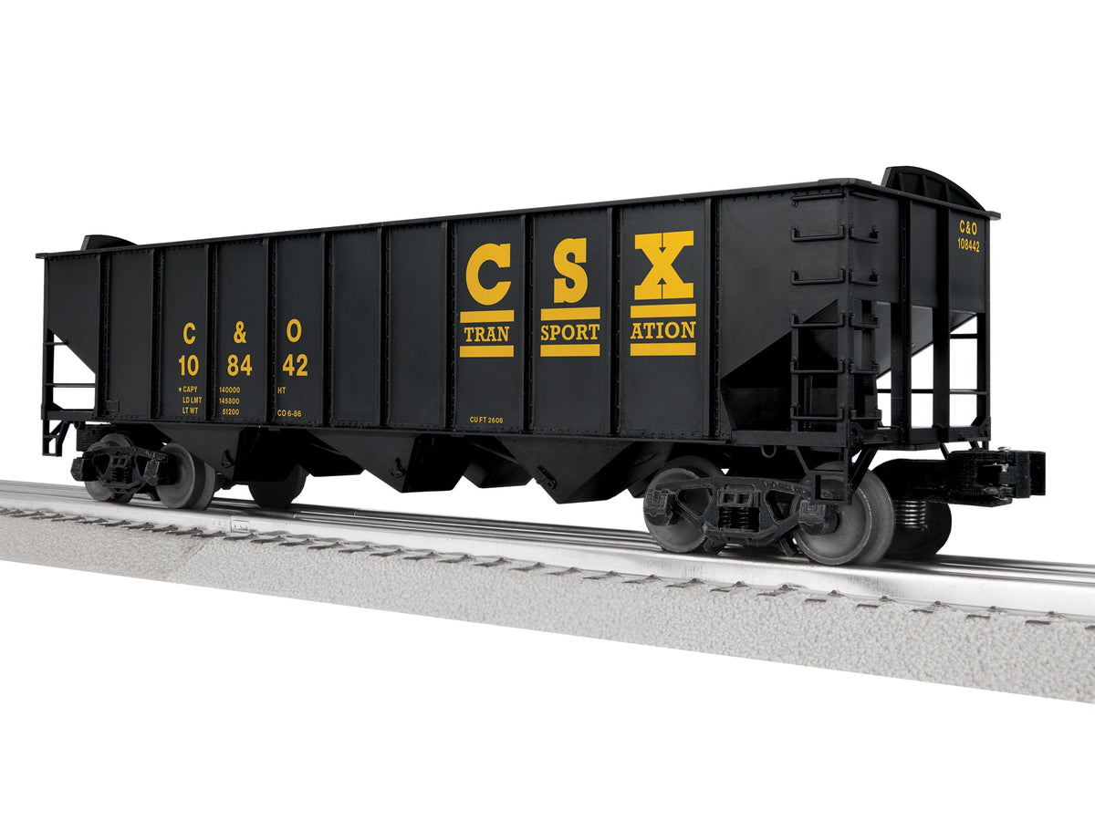 Lionel 2542229 CSX three-bay hopper C&O 108442, three-quarter view