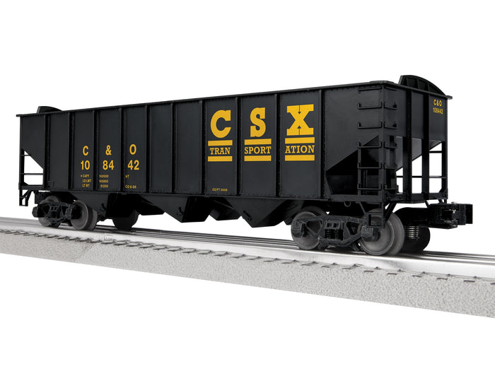 Lionel 2542229 CSX three-bay hopper C&O 108442, three-quarter view