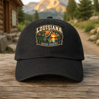 Louisiana heritage badge on a black embroidered dad hat outdoors