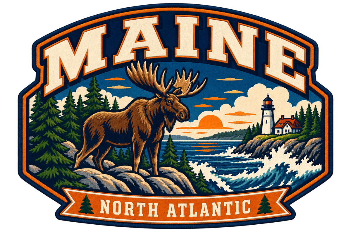 Maine heritage badge embroidery artwork