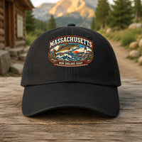 Massachusetts heritage badge on a black embroidered dad hat outdoors