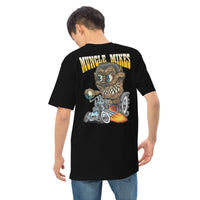 Black Muncle Mikes T-shirt showing the large hot-rod monster graphic, angled back view