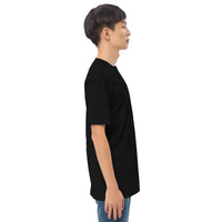 Black Muncle Mikes heavyweight T-shirt worn by model, right-side view