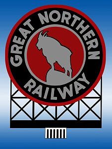 Miller Engineering Great Northern Railway circular sign with mountain goat emblem and lattice support