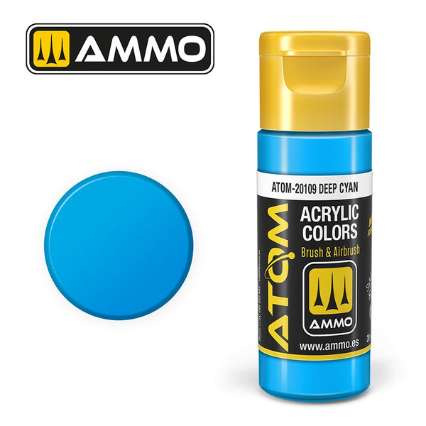 AMMO ATOM 20109 Deep Cyan acrylic paint bottle and color swatch