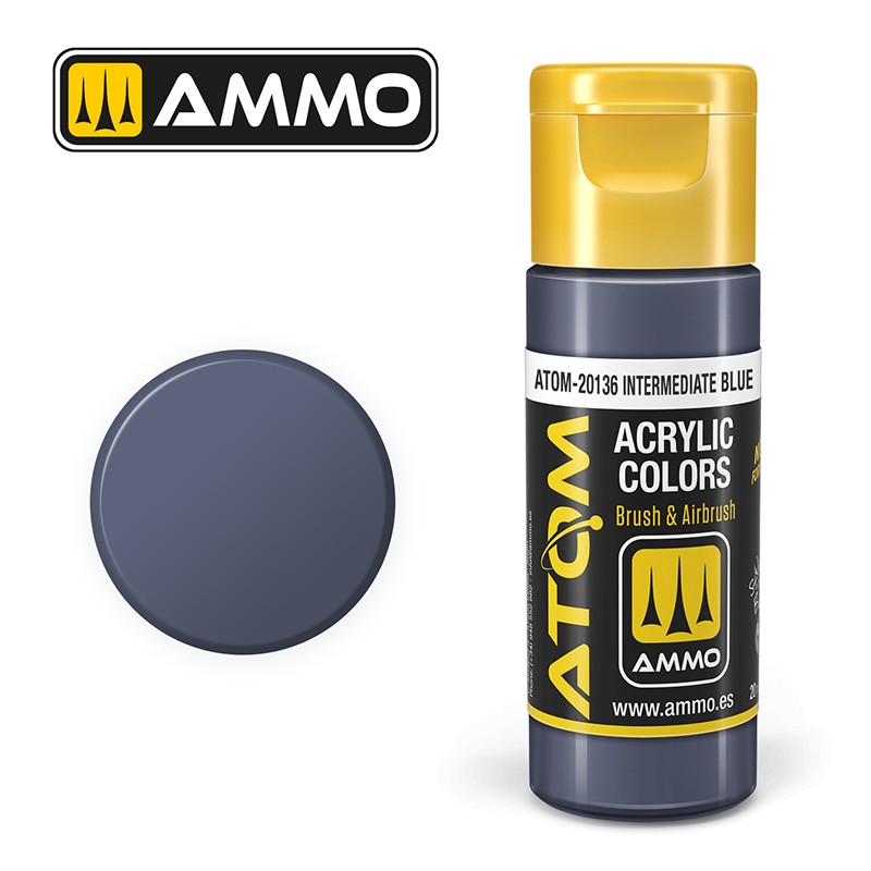 AMMO ATOM 20136 Intermediate Blue acrylic paint bottle and color swatch