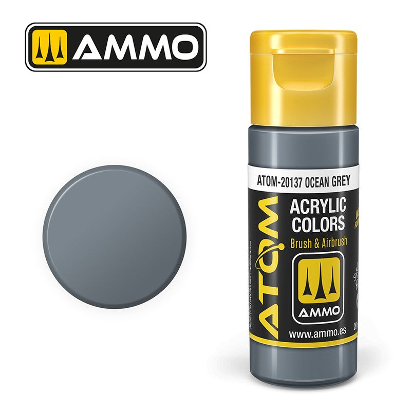 AMMO ATOM 20137 Ocean Grey acrylic paint bottle and color swatch