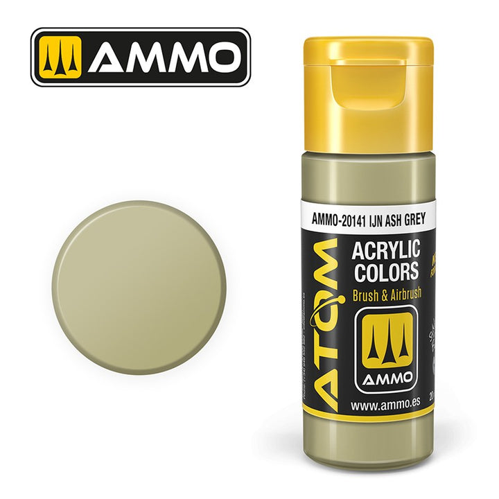 AMMO ATOM 20141 IJN Ash Grey acrylic paint bottle and color swatch