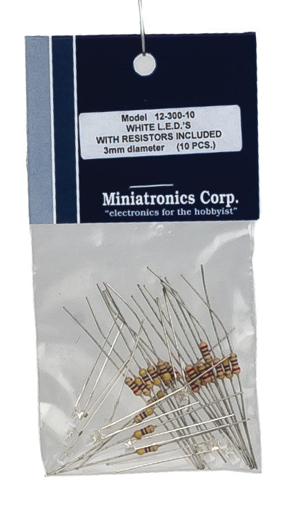 Miniatronics 12-300-10 white 3 mm LEDs with resistors, pack of 10