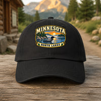 Minnesota heritage badge on a black embroidered dad hat outdoors