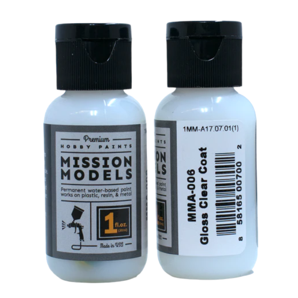 Mission Models MMA-006 Gloss Clear Coat, front and back views of the 1 oz bottle.