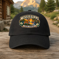Mississippi heritage badge on a black embroidered dad hat outdoors