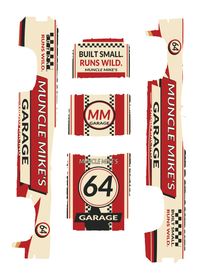Actual Muncle Mike's Garage five-piece decal artwork in cream, racing red and black with number 64. This flat image matches the printable PDF; digital artwork only.