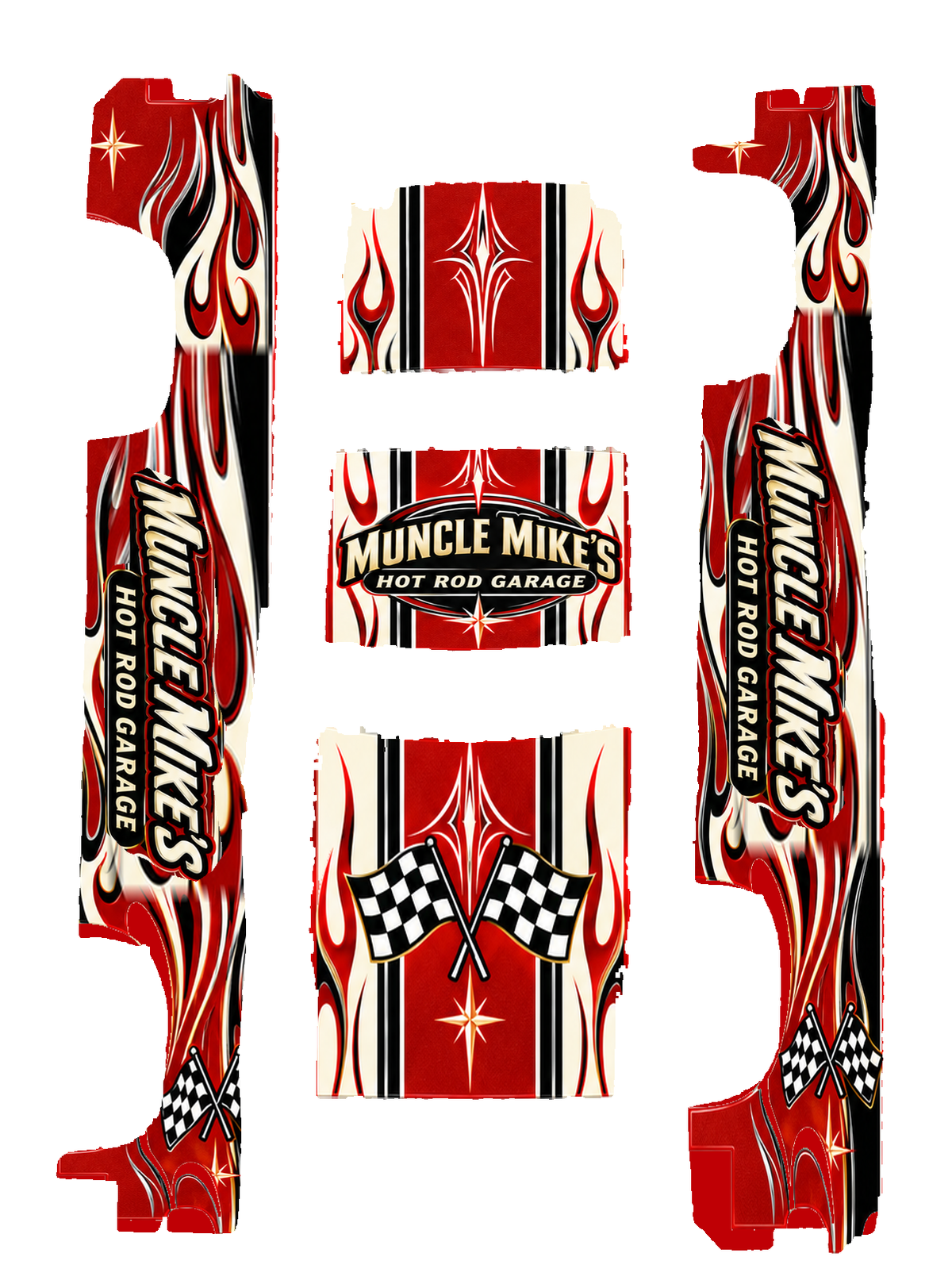 Actual five-piece Muncle Mike's Hot Rod Garage artwork supplied in the decal-only PDF, in red, cream and black.