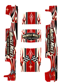 Actual five-piece Muncle Mike's Hot Rod Garage artwork supplied in the decal-only PDF, in red, cream and black.