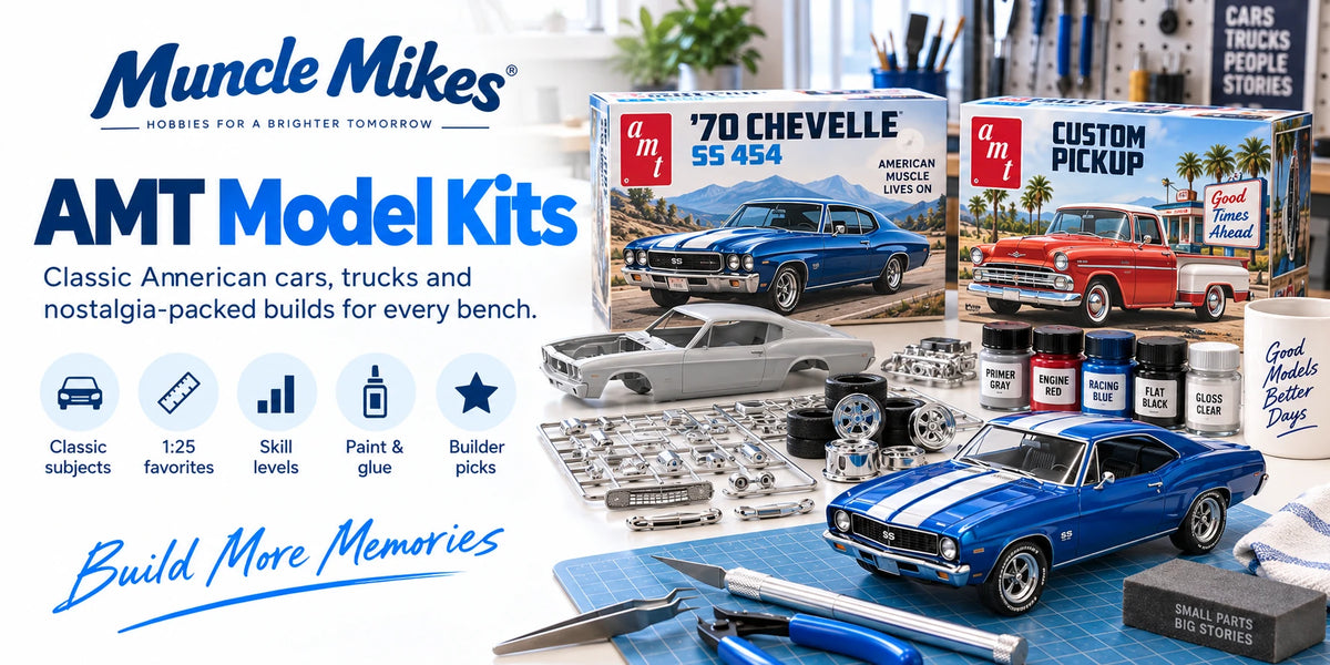 Muncle Mikes collection artwork: AMT model kits with illustrated classic cars, a pickup kit box and model-building parts.