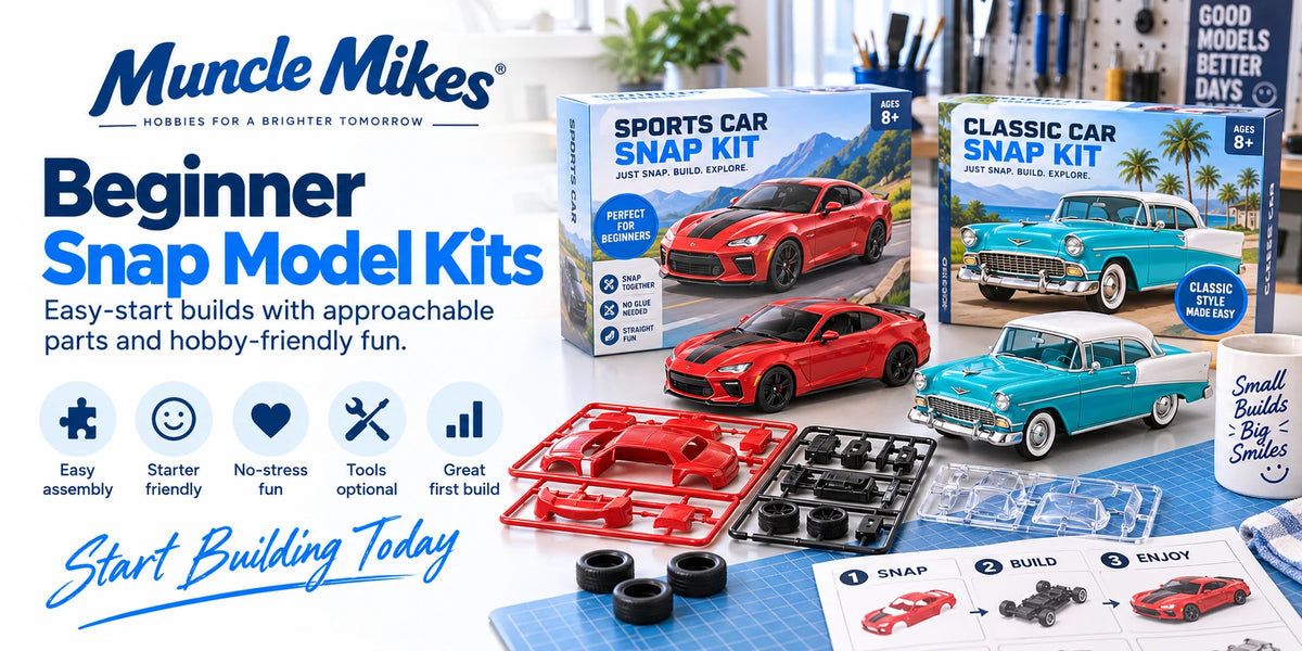 Muncle Mikes collection artwork: beginner and snap model kits with illustrated car models and colored assembly parts.
