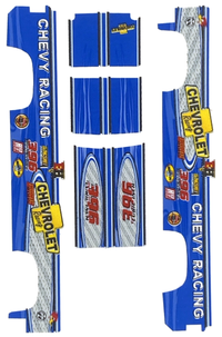 Actual five-piece Chevy Racing Blue artwork from the decal-only PDF. No instructions or calibration marks.