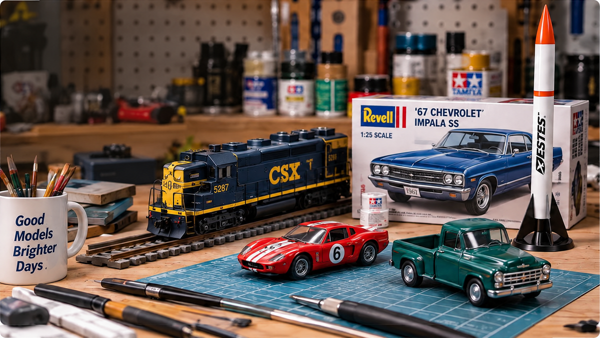 Illustrative Muncle Mikes hobby workbench with diecast, a model train, a model kit, a rocket and building supplies.