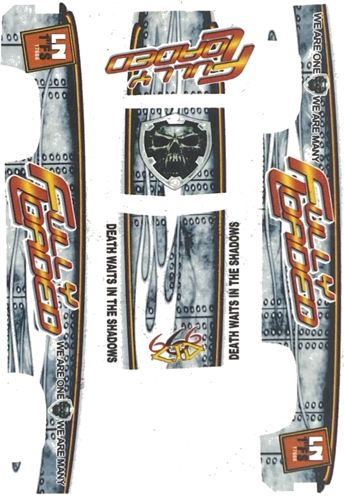 Actual five-piece Fully Loaded artwork from the decal-only PDF. No placement labels or instructions; casting fit unverified.