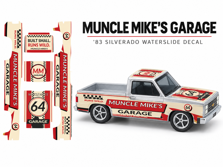 Approved Muncle Mike's Garage Silverado appearance showcase in cream, racing red and black. Includes a five-panel artwork view and an illustrative truck; PDF download only, truck not included.