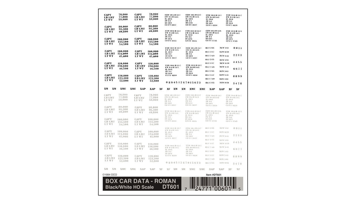 Woodland Scenics DT601 Box Car Data Roman dry transfer decals, manufacturer product image