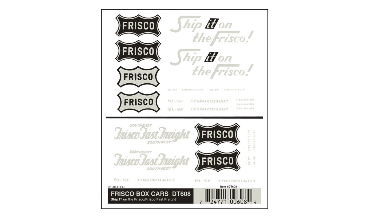 Woodland Scenics DT608 Frisco Box Cars dry transfer decals, manufacturer product image