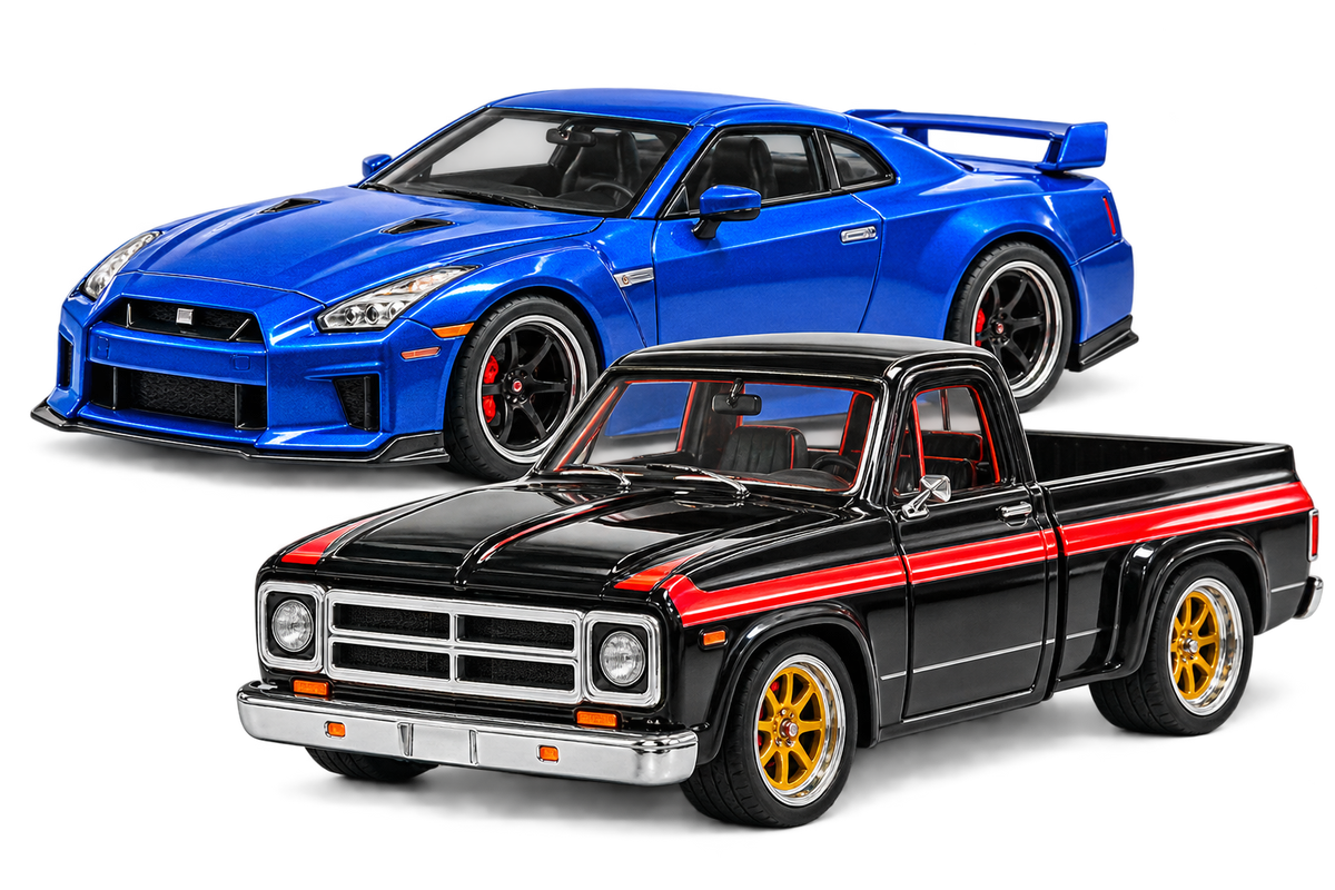 Representative MM wheel swap artwork with a blue sports car and a black pickup with red stripes