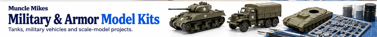 Muncle Mikes collection artwork: military and armor model kits, with illustrative tank, military truck and unassembled vehicle parts.