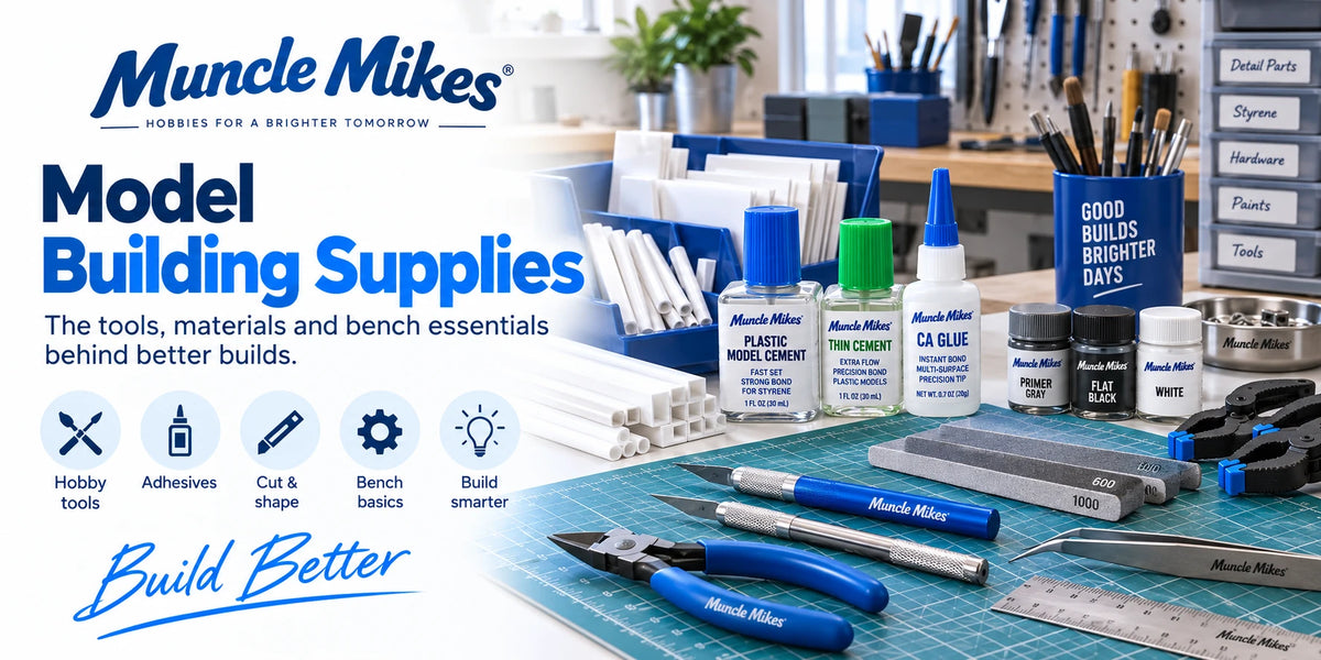 Muncle Mikes collection artwork: model-building supplies illustrated with adhesives, plastic stock, sanding sticks and hobby tools.