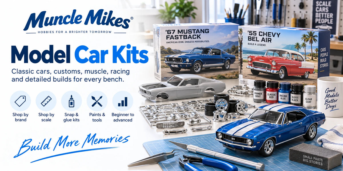 Muncle Mikes collection artwork: model car kits with illustrated automotive kit boxes, car bodies, parts and workbench tools.