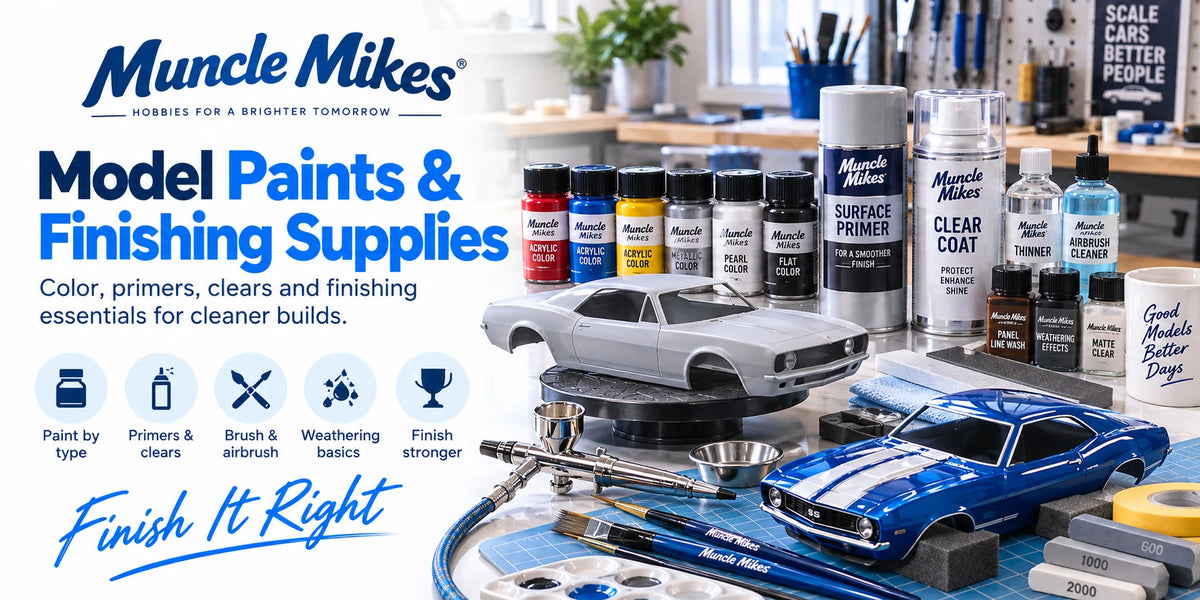 Muncle Mikes collection artwork: model paints and finishing supplies illustrated with paint bottles, brushes, an airbrush and car bodies.