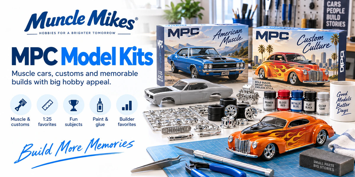 Muncle Mikes collection artwork: MPC model kits with illustrated muscle cars, a custom hot rod and workbench parts.