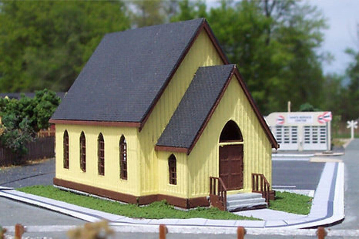 Osborn Model Kits 1030 HO-scale church kit — exact product photograph showing assembled model