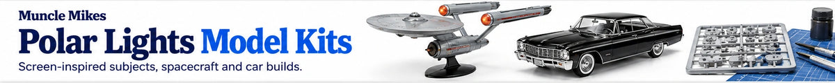 Muncle Mikes collection artwork: Polar Lights model kits, with illustrative spacecraft, a classic car and unassembled model parts.