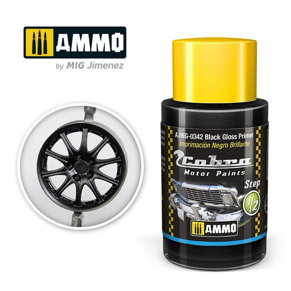 AMMO A.MIG-0342 Cobra Motor Black Gloss Primer 30 mL manufacturer product graphic