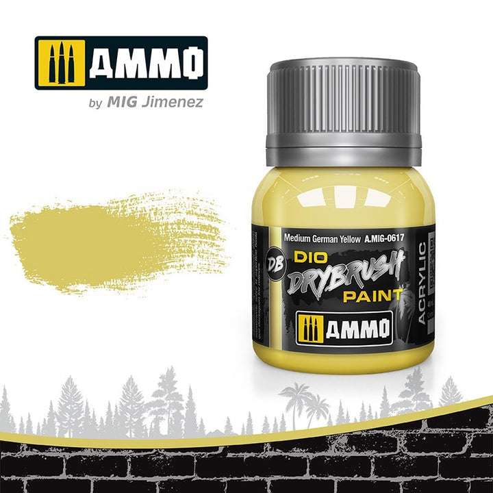 AMMO A.MIG-0617 Medium German Yellow DIO Drybrush paint jar and manufacturer color sample