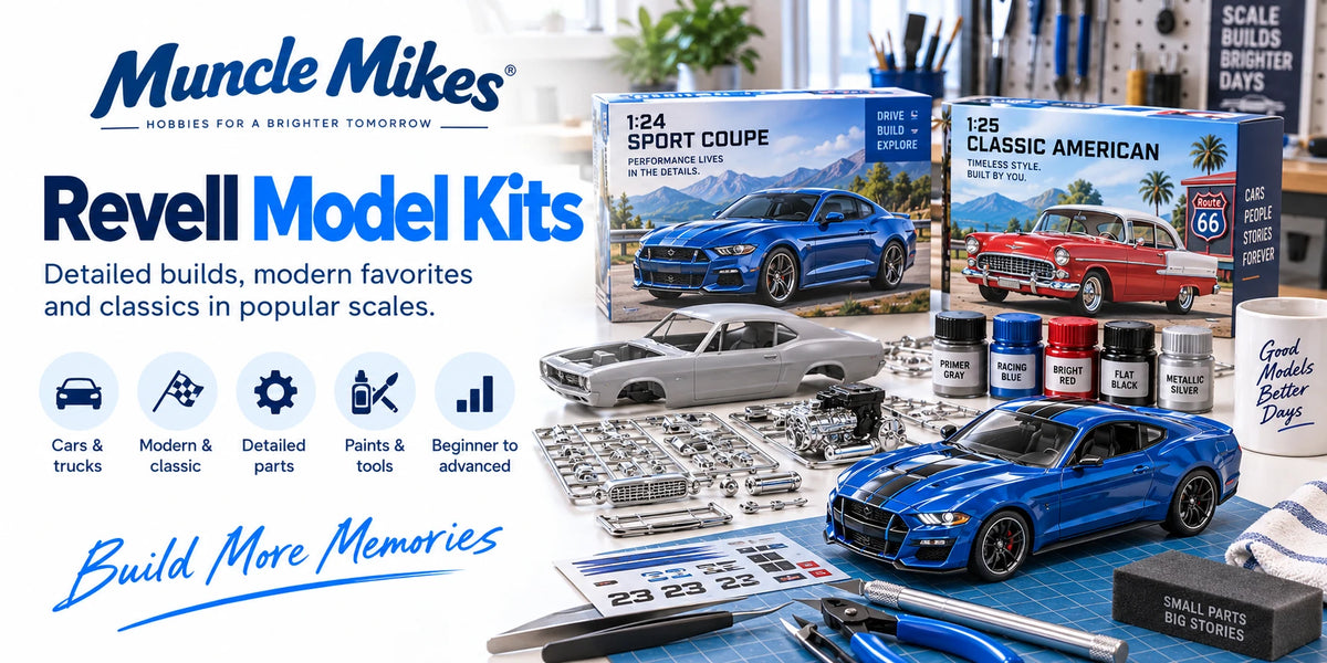 Muncle Mikes collection artwork: Revell model kits with illustrated automotive builds, kit parts and finishing supplies.