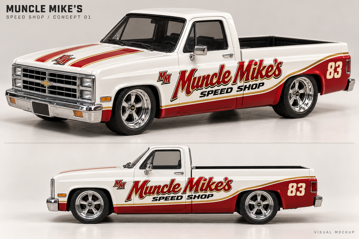 Visual mockup of Muncle Mike’s Speed Shop red and gold decals on a white 83 Silverado. Digital decal artwork only; truck not included.