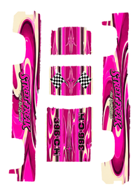 Street Freak Hot Pink — five-piece '83 Silverado decal artwork preview matching the selected PDF. Original lettering, neutral details, flags and all panel boundaries preserved.