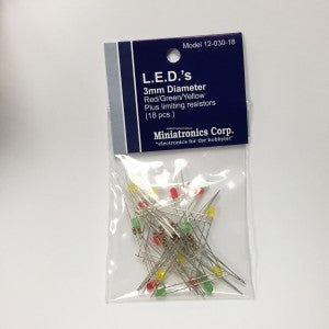 Miniatronics 12-030-18 retail pack of 18 red, green and yellow 3 mm LEDs with limiting resistors