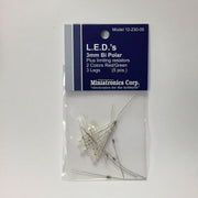 Miniatronics 12-230-05 red/green 3 mm bipolar three-leg LEDs, five-piece retail pack with resistors.