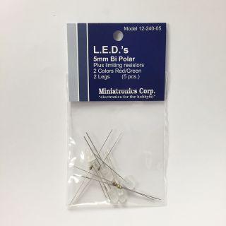 Miniatronics 12-240-05 red/green 5 mm bipolar two-leg LEDs, five-piece retail pack with resistors.