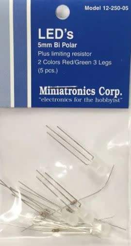 Miniatronics 12-250-05 red/green 5 mm bipolar three-leg LEDs, five-piece retail pack with resistors.