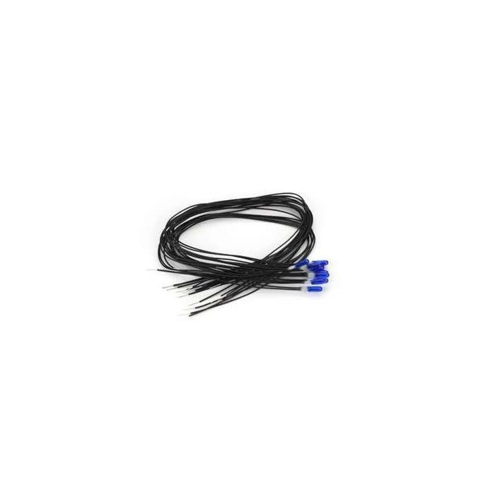 Miniatronics 18-B12-10 blue 2.4 mm 12-volt miniature lamps with wire leads, representative view of the ten-piece pack.