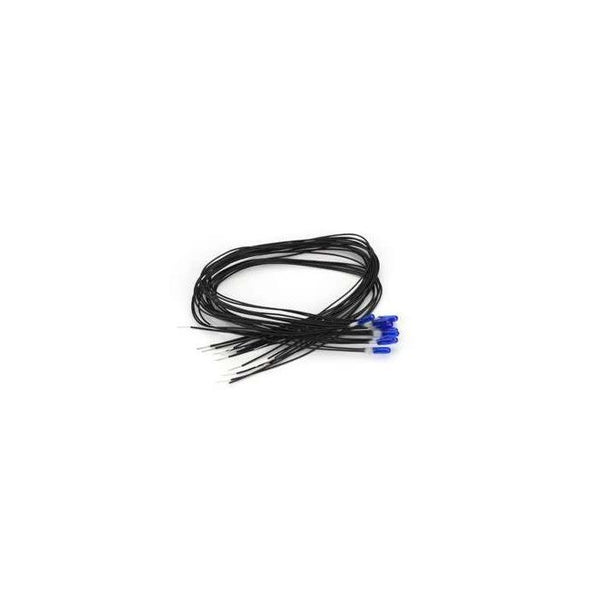 Miniatronics 18-B12-10 blue 2.4 mm 12-volt miniature lamps with wire leads, representative view of the ten-piece pack.