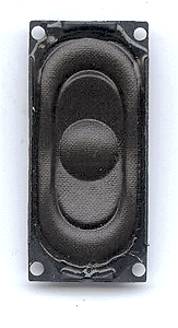 Miniatronics 60-116-01 rectangular 16 by 35 mm, 1-watt speaker, front view.