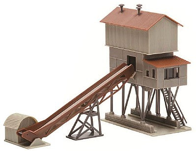 Model Power 2623 N scale ballast transfer building, showing the assembled elevated headhouse, conveyor and support structure.
