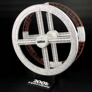 Moebius 2001-6 Space Station V assembled model on its display stand showing completed and unfinished rings