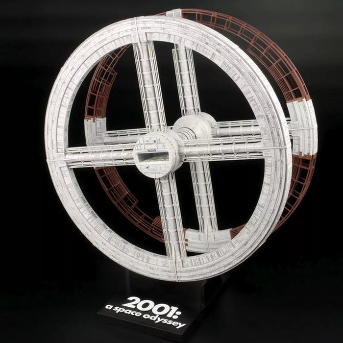 Moebius 2001-6 Space Station V assembled model on its display stand showing completed and unfinished rings